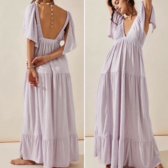 Free People Dresses & Skirts - Free People Beach Lala Maxi Dress Lavender Textured V-Neck Tiered Maxi Dress M
